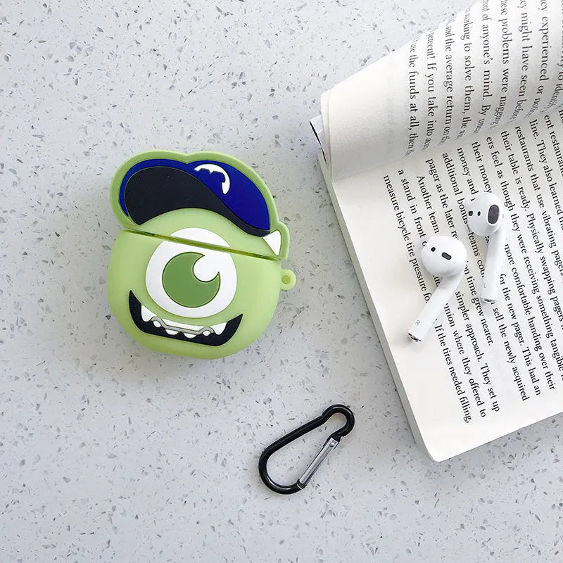 Green silicone protective case for AirPods 1 and 2 with a cartoon animal design on the front.