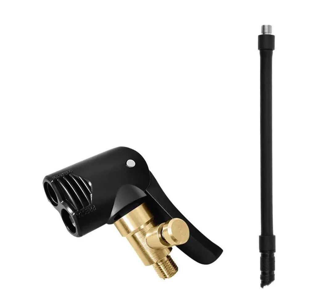 Two-in-one vehicle air pump inflatable nozzle with 16cm hose and two connector chucks.