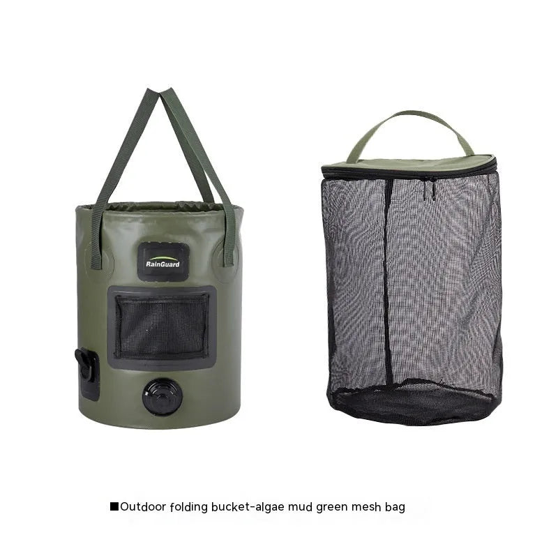 25 litre folding fishing bucket in lemon yellow, orange, coral, green, or blue with optional mesh net pocket