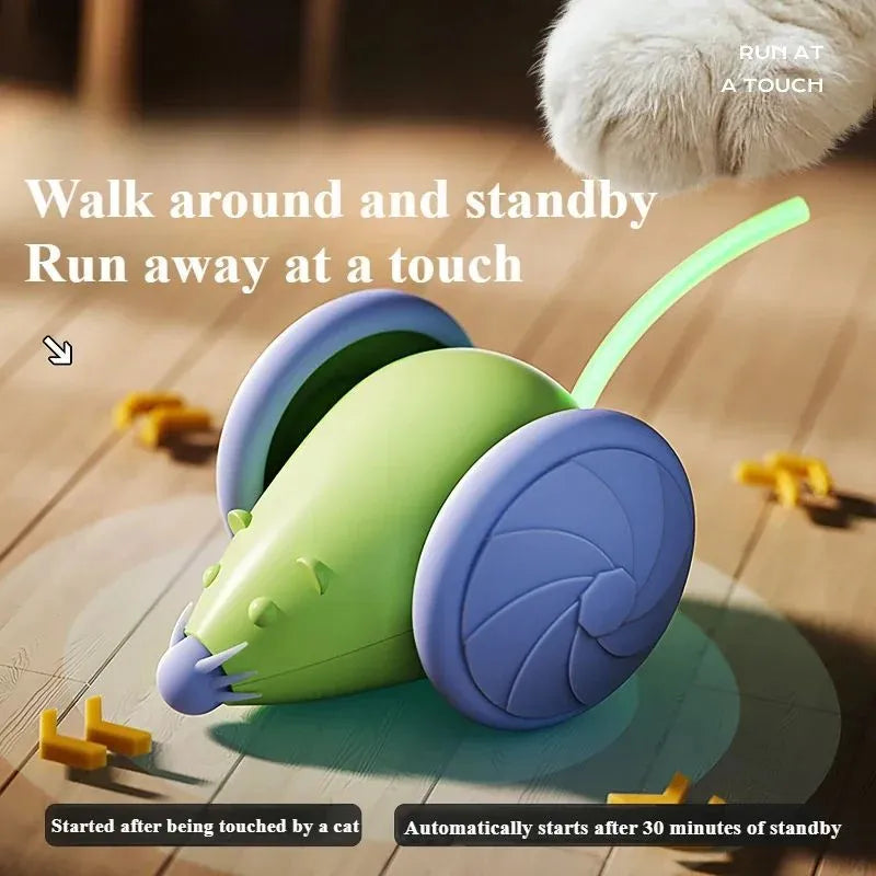 Interactive electric mouse cat toy with automatic teasing stick in green or white for indoor cats