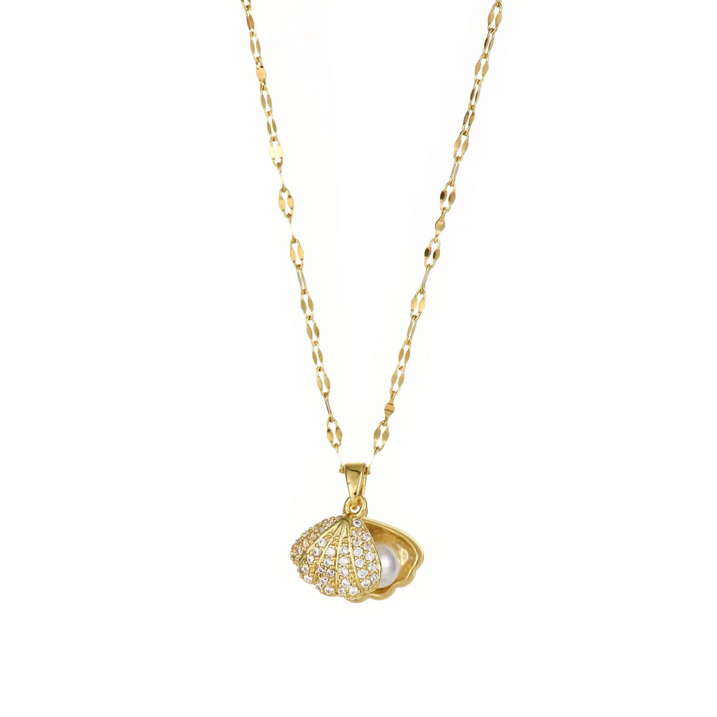 Shell pearl necklace with rhinestones on a titanium steel melon seeds chain, adjustable 41-50cm, for women
