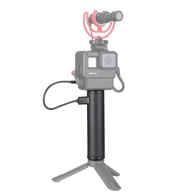 Black aluminium alloy portable charging handle with 6800mAh battery capacity, showing carry handle and compact 12.5cm by 3.2cm size.