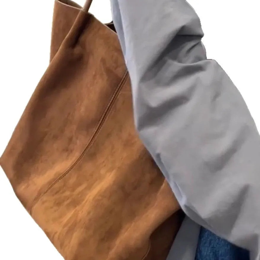 Coffee colour commuter retro large capacity PU tote bag with double shoulder straps and sewing line detail