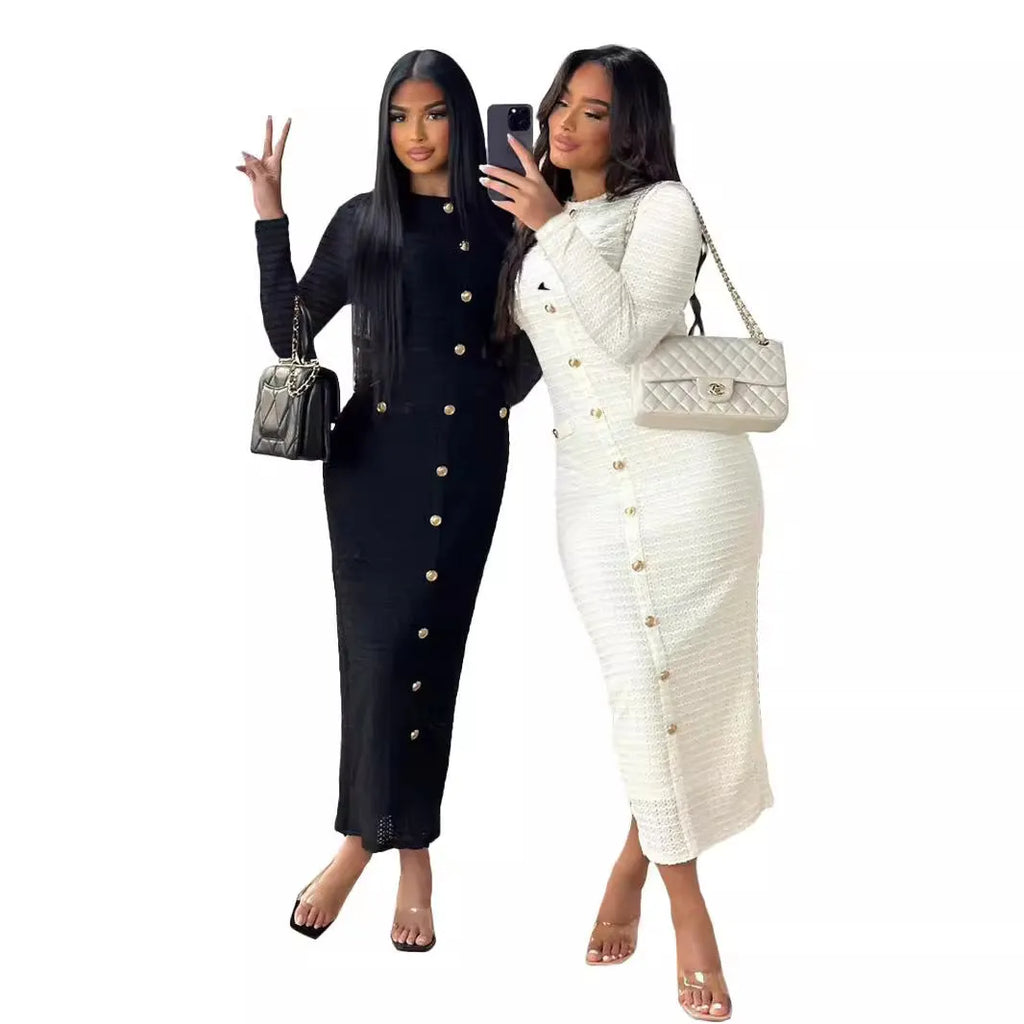 French retro slim fit knitted long-sleeved dress for women in black or white