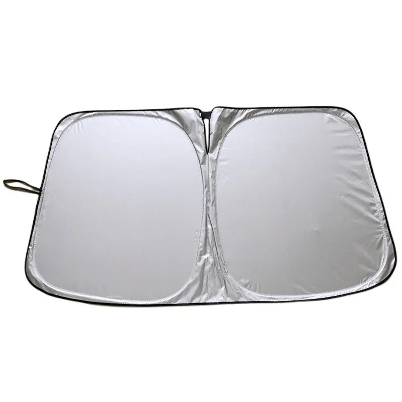 Titanium silver aluminium foil car sunshade shown in a rectangular shape for windshield protection.
