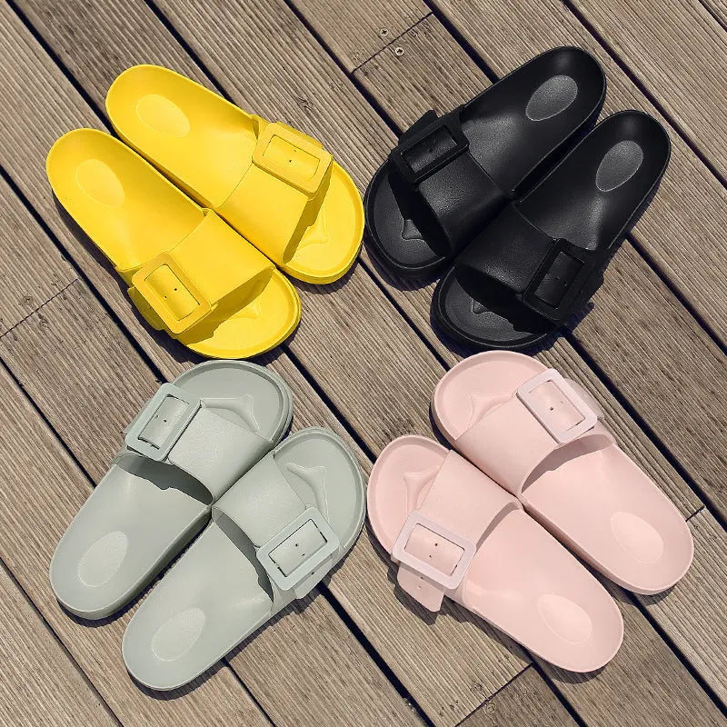 Women's buckle flip-flop slippers in multiple colours with soft EVA sole