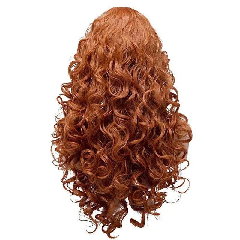 Brown long wavy curly synthetic wig for cosplay on a wig head.
