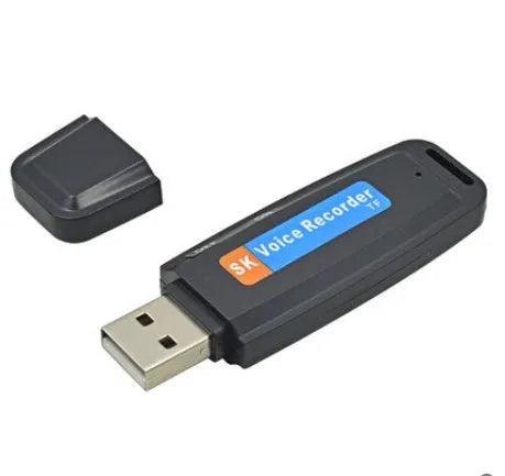 Black and white USB flash drive with voice recording function showing 70mm length