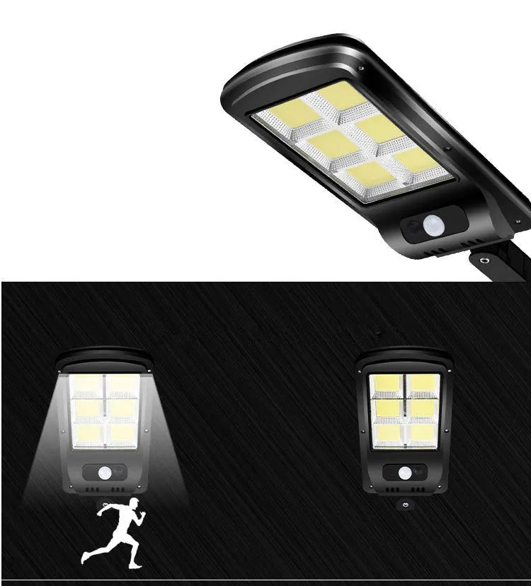 Black solar-powered outdoor security light with motion sensor mounted on a wall.