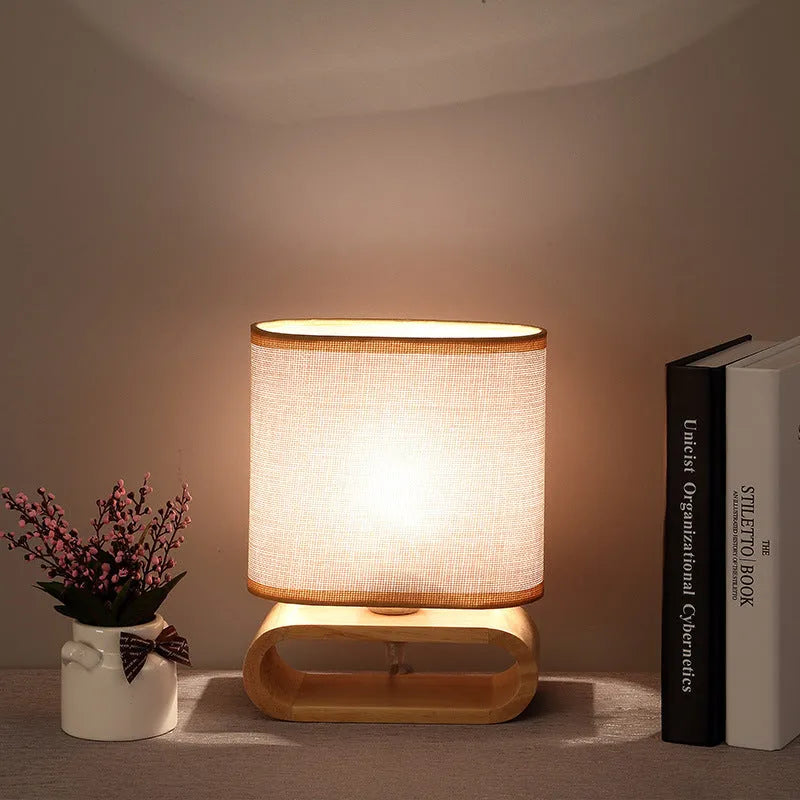 Nordic Japanese bedside table lamp with rubber wood holder, 170mm diameter, 230mm height, natural wood finish
