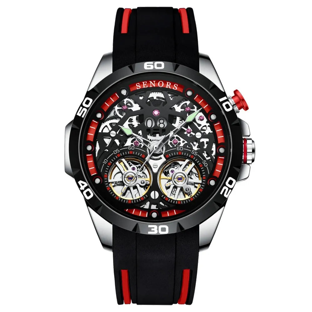 Automatic mechanical men's watch with skeleton dial showing internal components, luminous hands, in red colour option