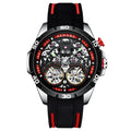 Automatic mechanical men's watch with skeleton dial showing internal components, luminous hands, in red colour option