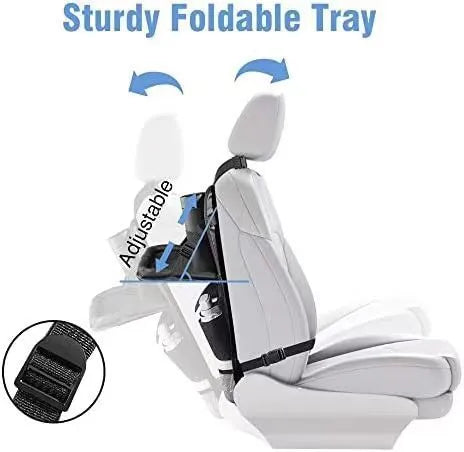 Black Oxford cloth car seat storage bag hanging on headrest with 42x30cm dimensions