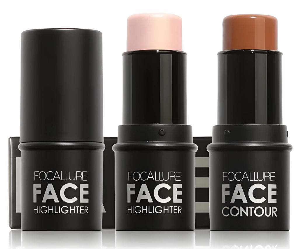 Face contour highlighter stick with attached sponge applicator in one of four shades.