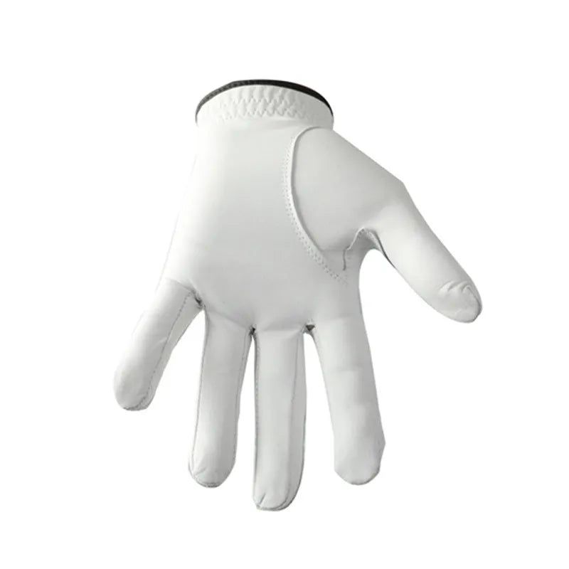 White half sheepskin men's golf glove laid flat, showing its casual style and non-slip palm.