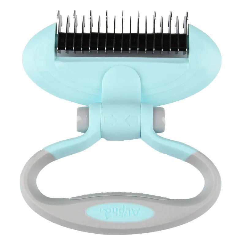 Two-headed dog comb knot with rotating design in blue, featuring steel teeth and TPR handle