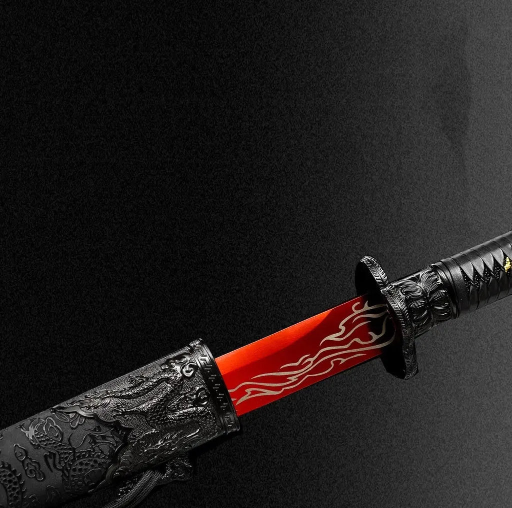Blazing Flame 110cm unsharpened 65 manganese steel Tang Dynasty horizontal sword with leather-covered wood scabbard