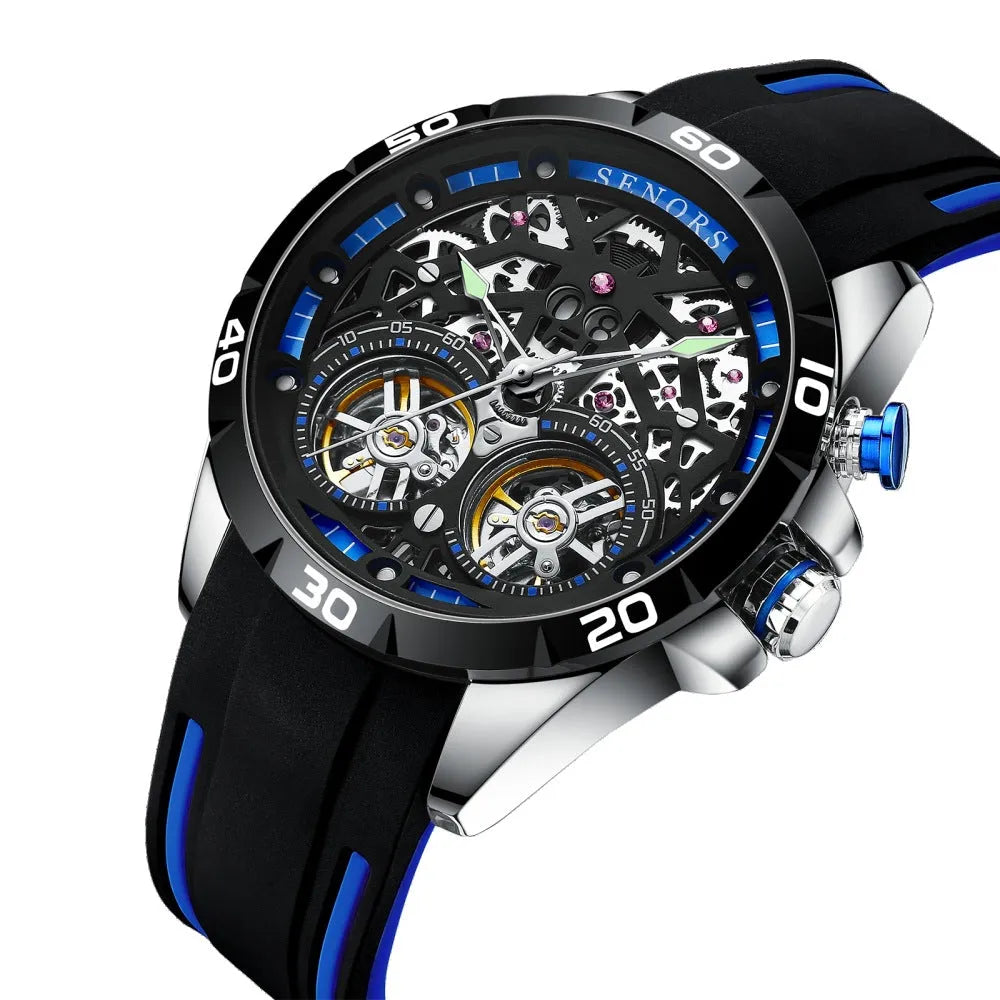 Automatic mechanical men's watch with skeleton dial showing internal components, luminous hands, in red colour option