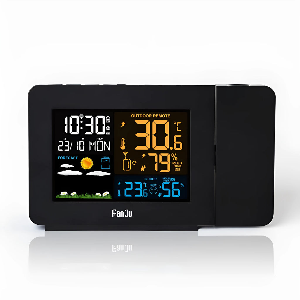 Multifunctional projection alarm clock showing time and temperature projection, with dual alarm and weather forecast on digital display