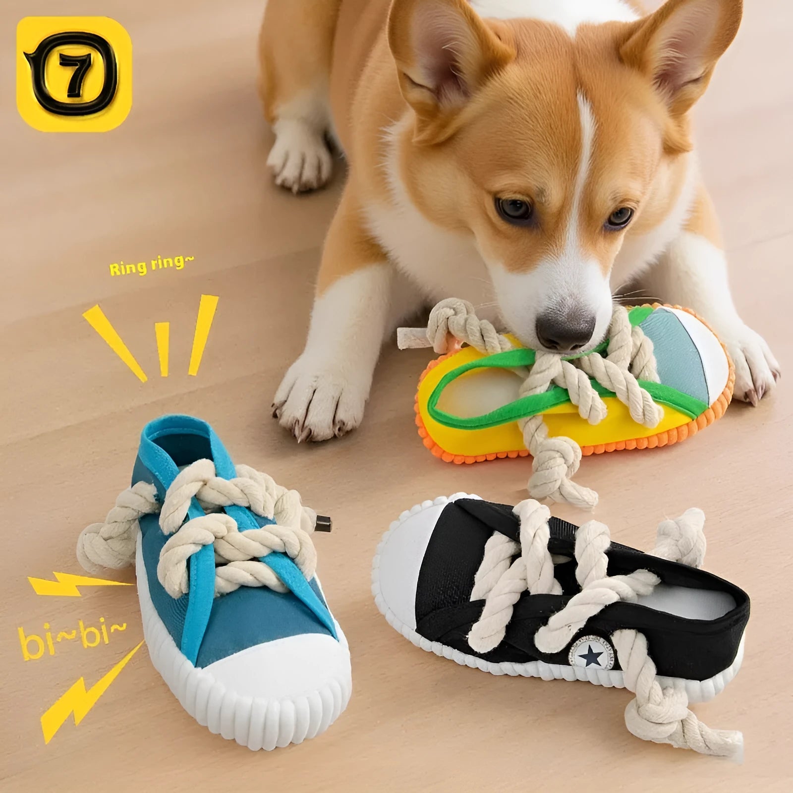 Squeaker dog chew toy shaped like slippers in plastic with bends for dental cleaning