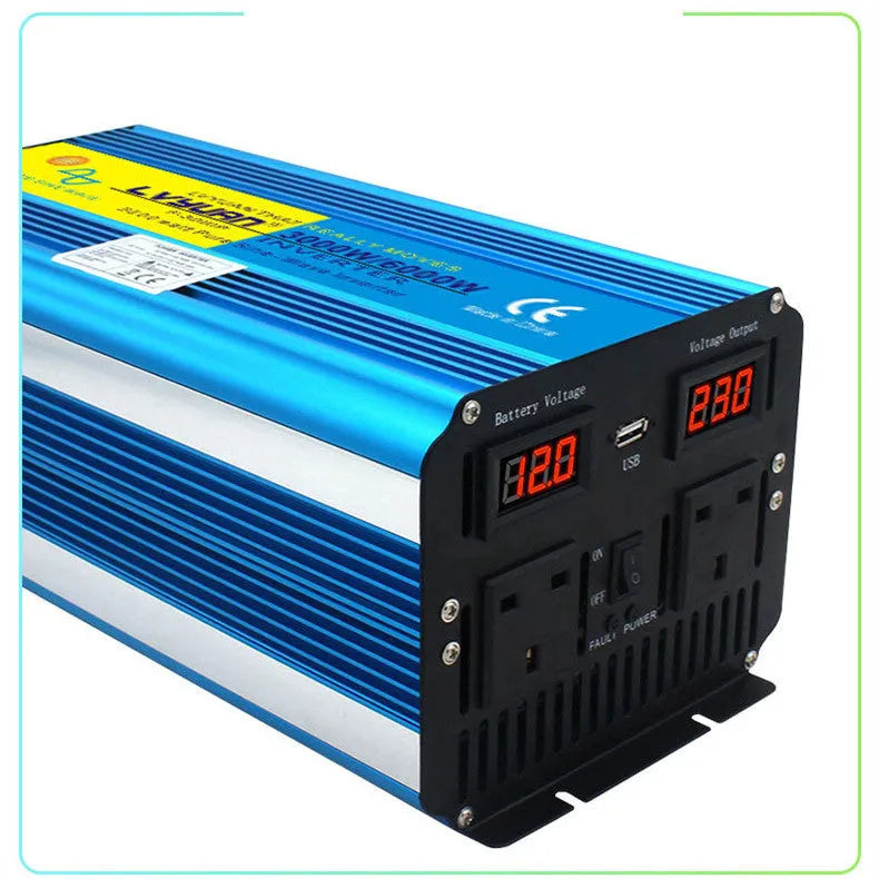 Blue 3000W pure sine wave power inverter with digital display and remote control for 12V/24V to 220V conversion