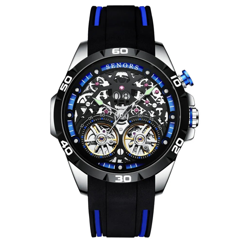 Automatic mechanical men's watch with skeleton dial showing internal components, luminous hands, in red colour option