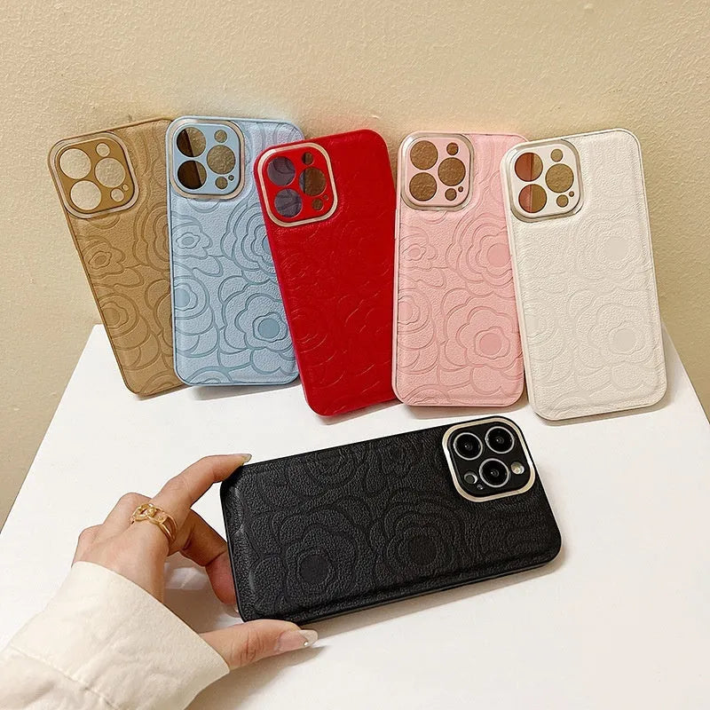 Camellia leather pattern phone case in antique white for iPhone with soft edge and hard back drop protection
