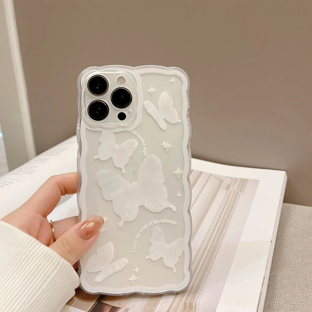 Transparent white crystal butterfly phone case in TPU for iPhone 12 to 15 models