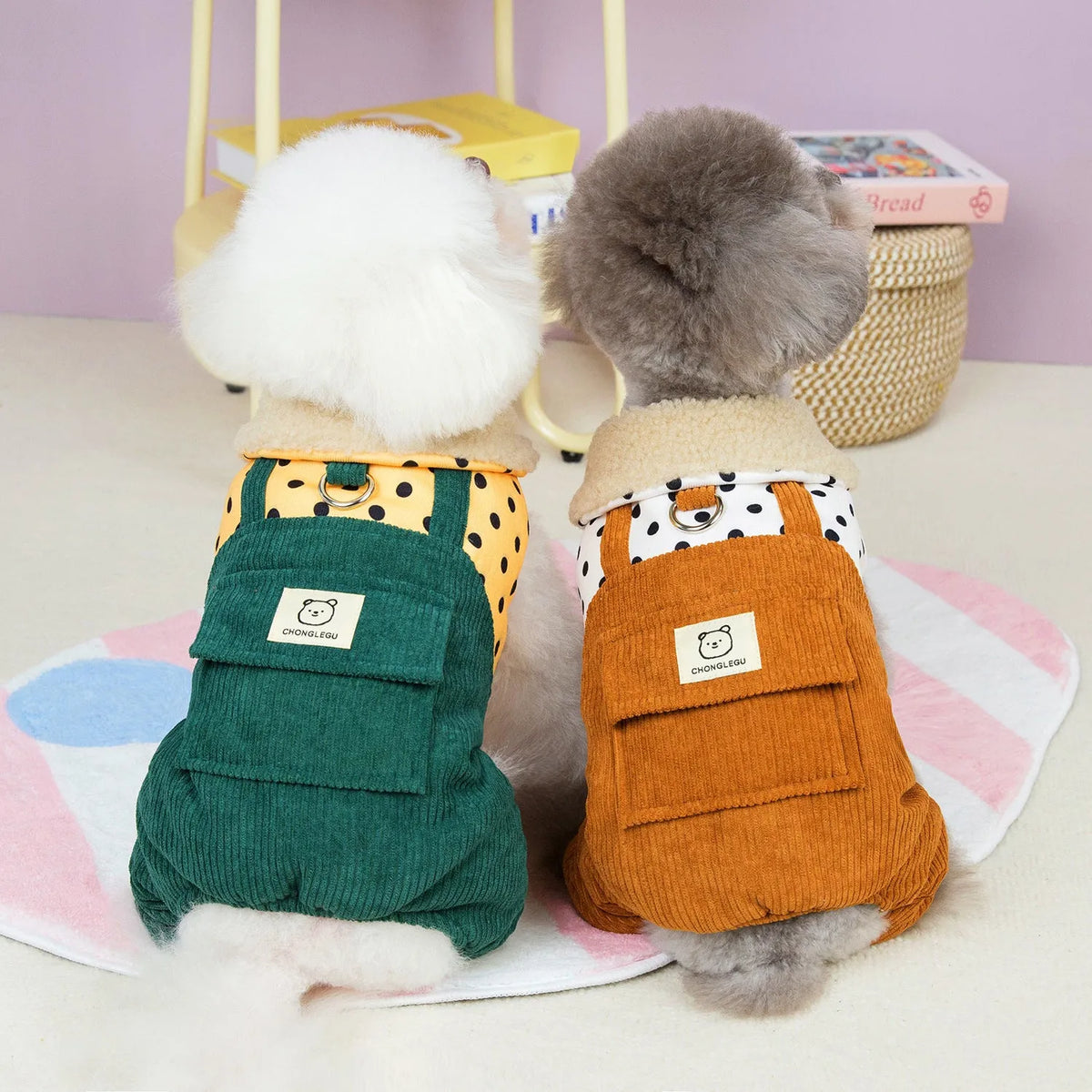 Thickened four-legged cotton pet clothes for small dogs in dark green colour