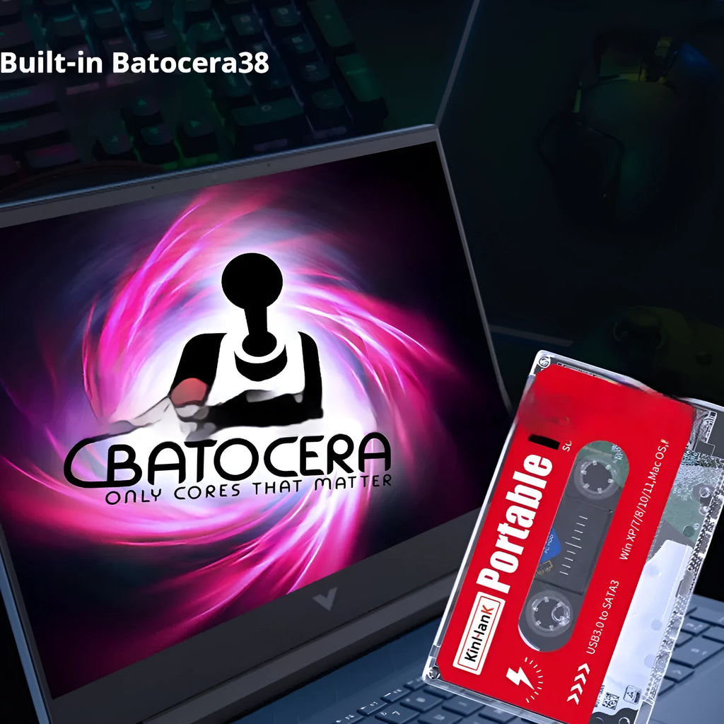 External 2TB mechanical hard disk drive with USB cable and storage box.