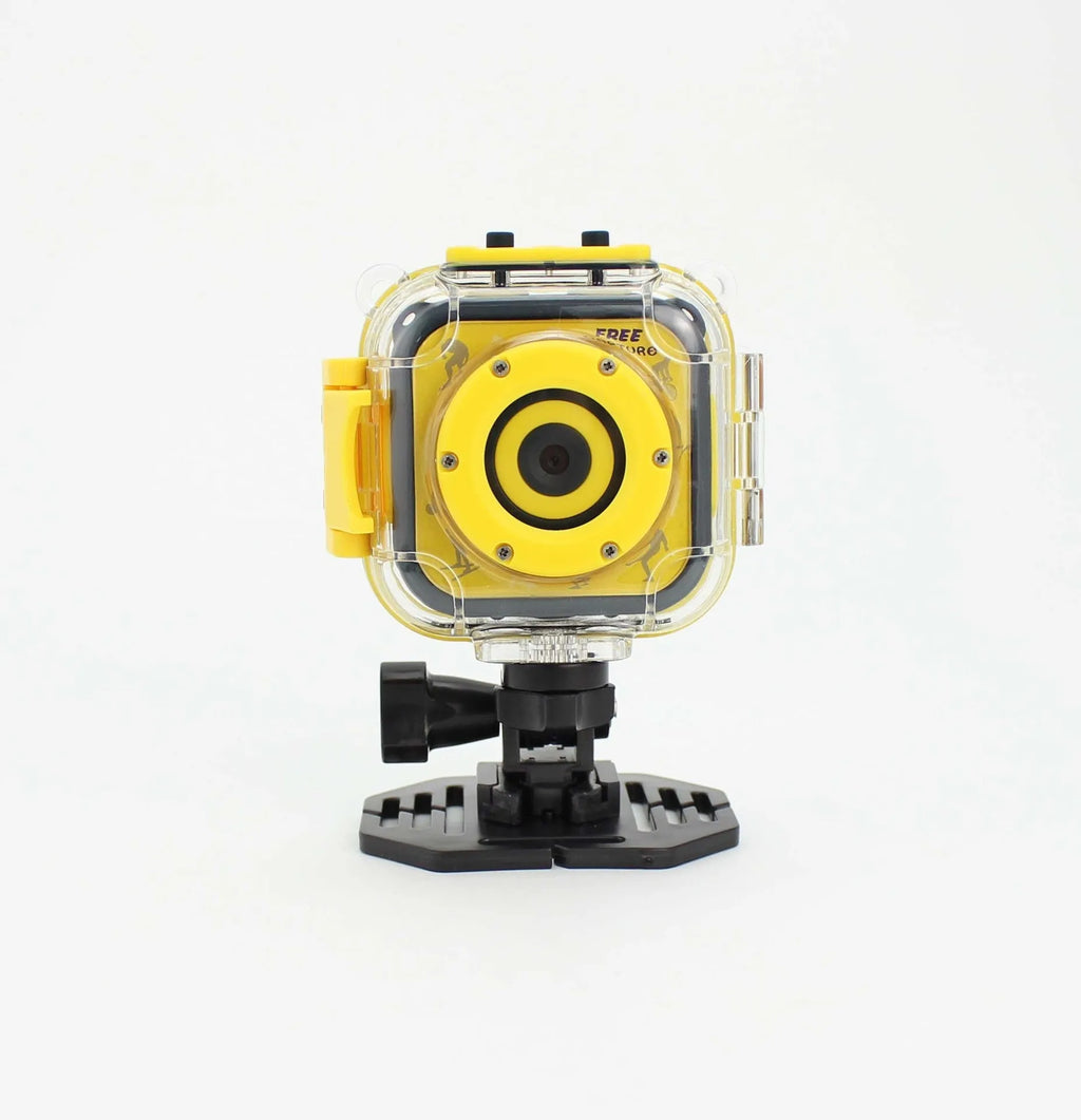 Yellow children's waterproof sports camera with a 1.77-inch screen, shown from the front.