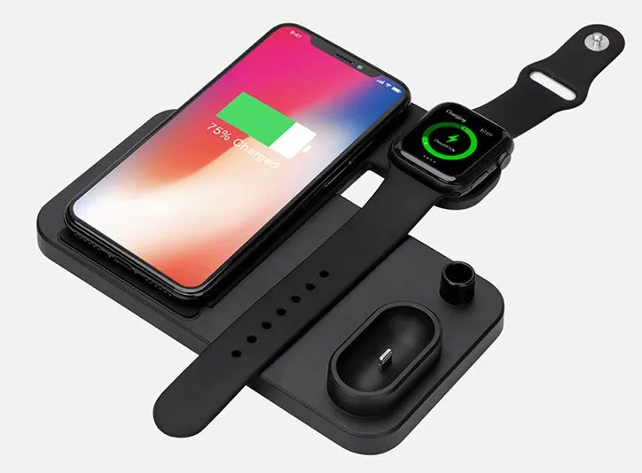 4-in-1 wireless charging station showing phone, Apple Watch, AirPods and pencil charging simultaneously on adjustable stand