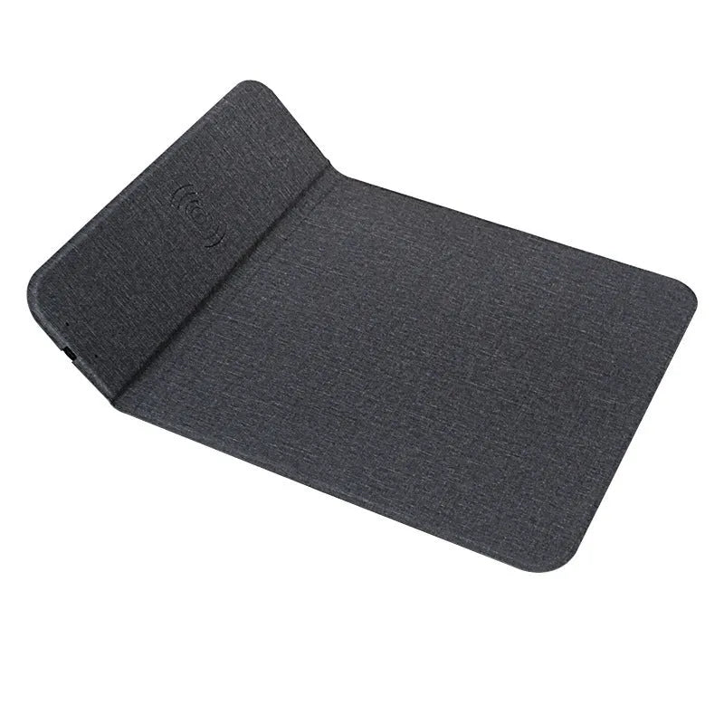 Foldable cloth phone holder with integrated wireless charging pad shown open and closed.