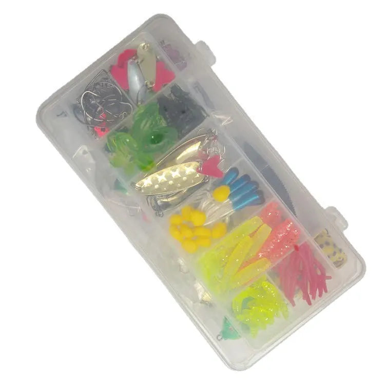 142-piece fishing lure kit with hard mino designs, metal and plastic components in assorted colours