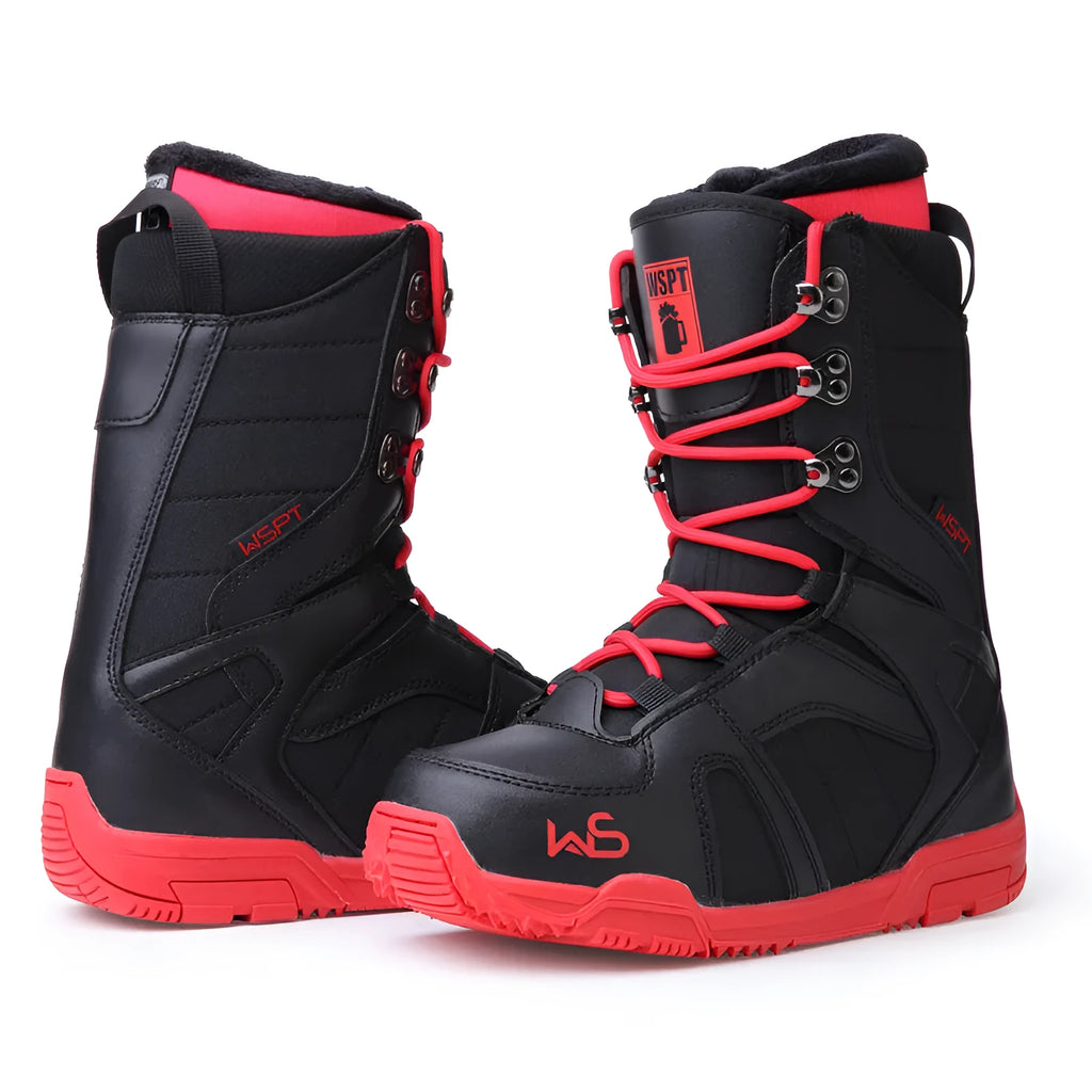 Men's black ski boots with lace-up tie closure, rubber outsole and high upper