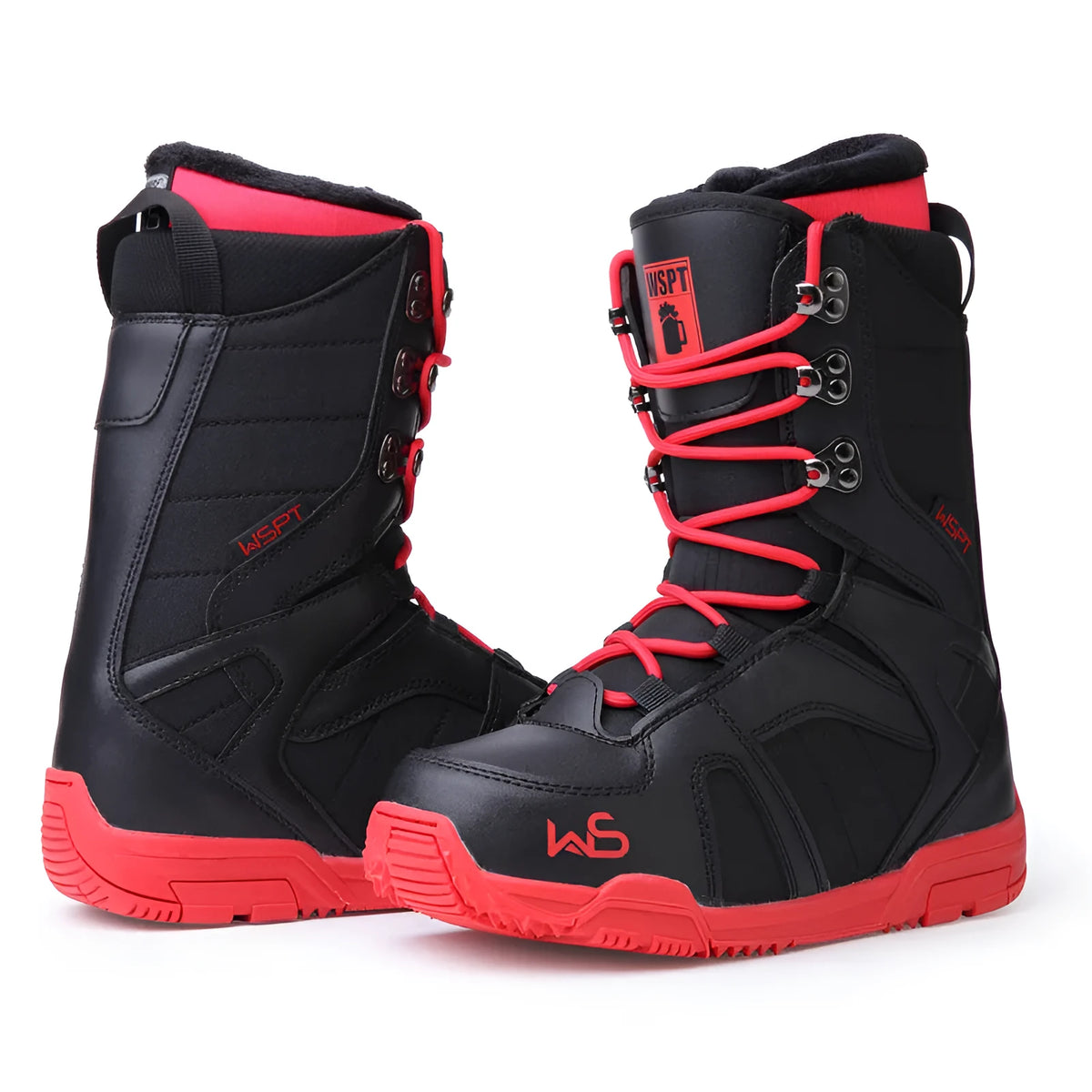 Men's black ski boots with lace-up tie closure, rubber outsole and high upper