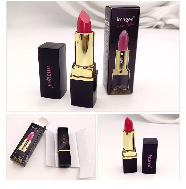 3.8g moisturising lipstick lip gloss in a compact case, available in 10 colours including Coral Red and Classic Red.