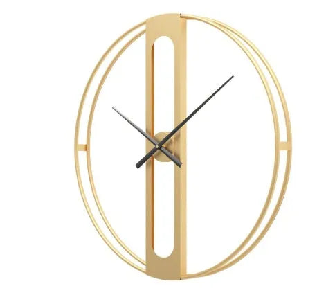 Large round metal wall clock with black dial and gold Arabic numerals on a white wall