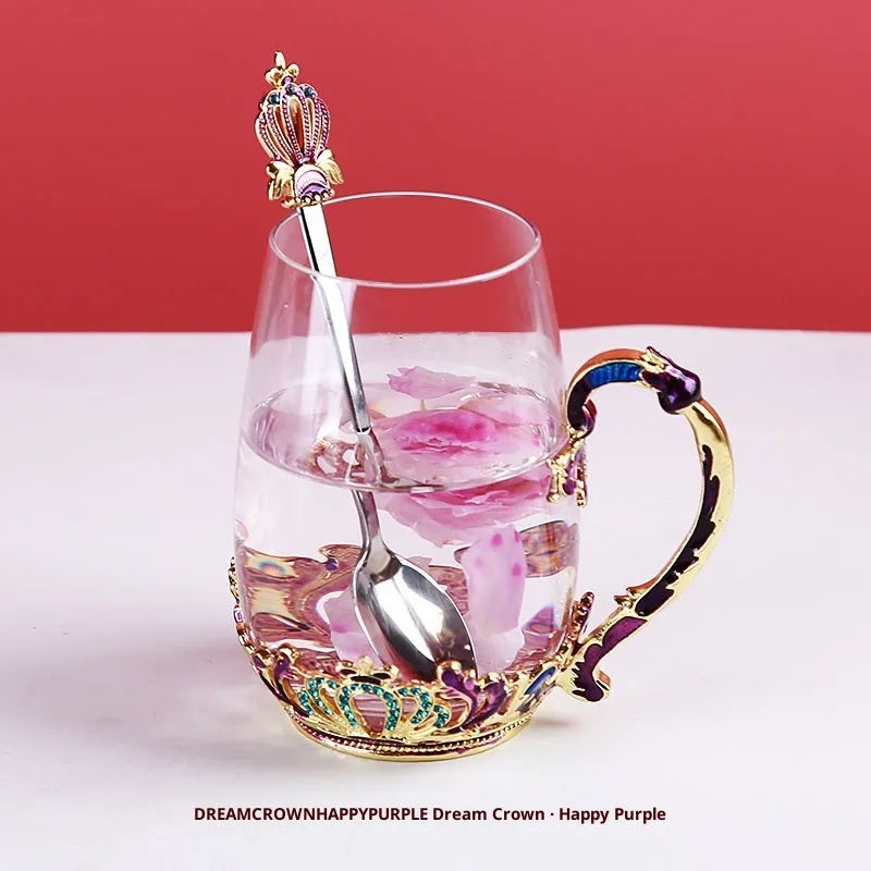 Heat-resistant glass tea cup set with enamel spoon, lid and plate in round shape, 301-400ml capacity