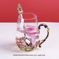 Heat-resistant glass tea cup set with enamel spoon, lid and plate in round shape, 301-400ml capacity