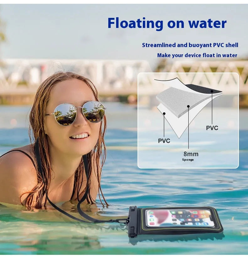 Floating PVC sponge waterproof phone bag for swimming, 6.8 inch capacity, solid colour, medium size