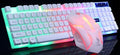 GTX300 black and white wired gaming keyboard and mouse set with colourful backlit keys on desk.