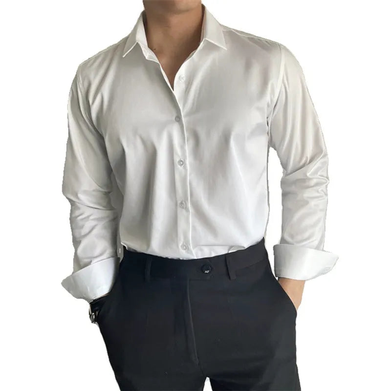 Men's spring summer slim fit solid colour leisure shirt in cardigan style, black colour option, on a model