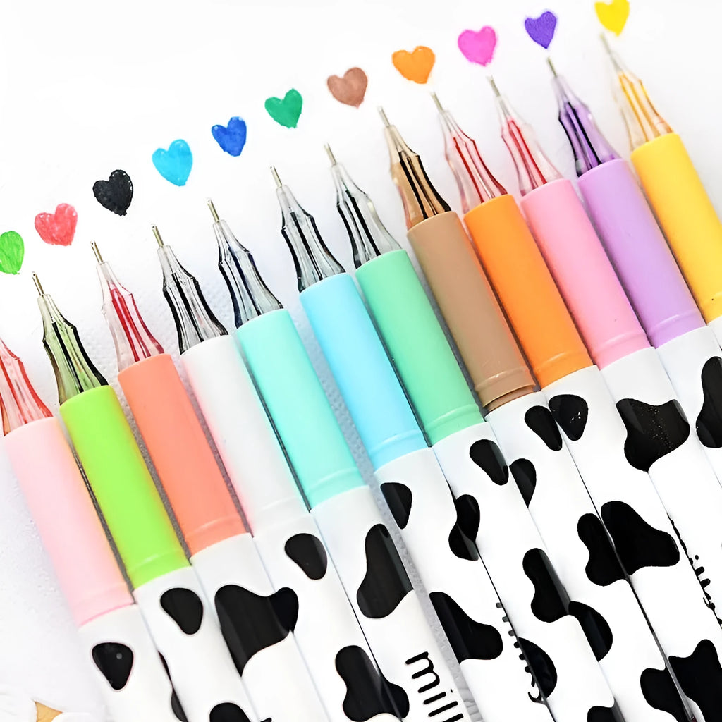 Cow pattern gel pen with 0.38mm tip showing twelve different colour options for office use