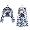 Women's polyester spring co-ord set with long sleeve top and matching long skirt in picture colour