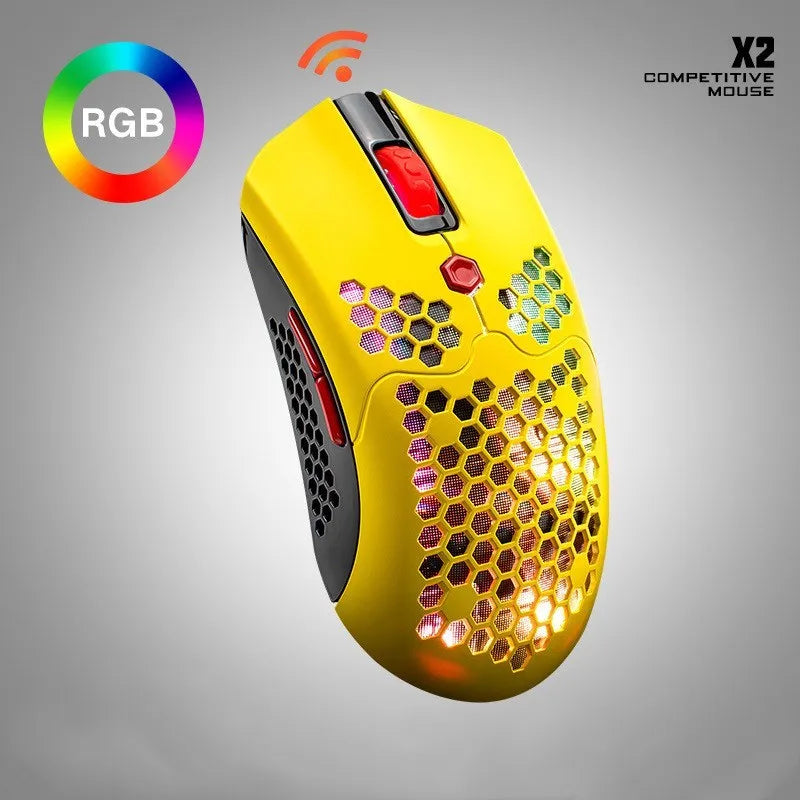 Free Wolf X2 wireless gaming mouse in black, green, pink, white, or yellow with RGB lighting and dual-mode connectivity