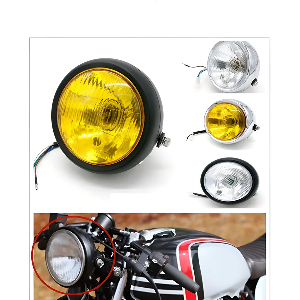6 inch round black metal motorcycle headlight with yellow glass lens retro style