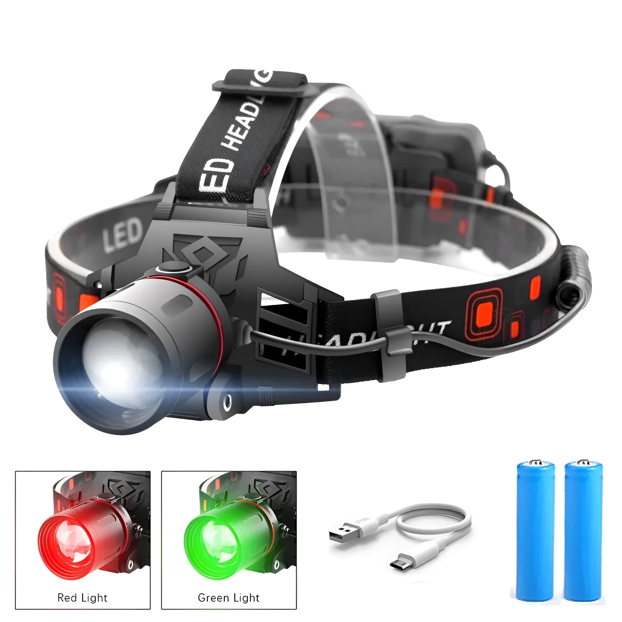 T6 LED headlamp with zoomable head showing white, green and red light options