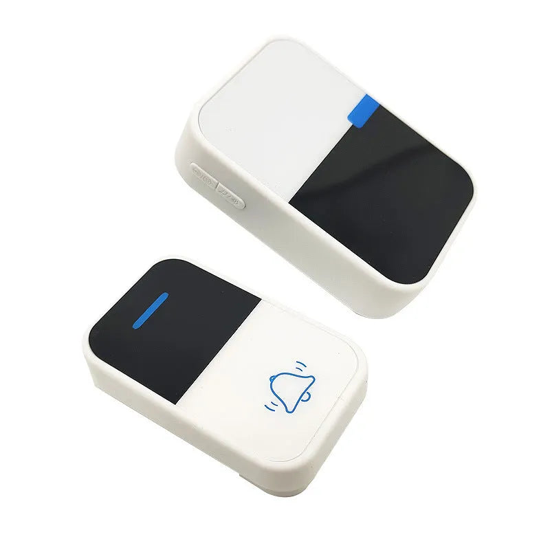 Modern white plastic wireless doorbell kit with receiver and beeper units on a plain background.