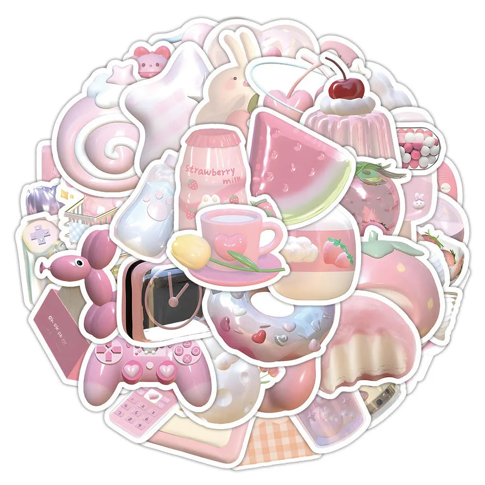 Pink girl heart 3D decorative stickers in two pattern variations, 63 pieces per pack